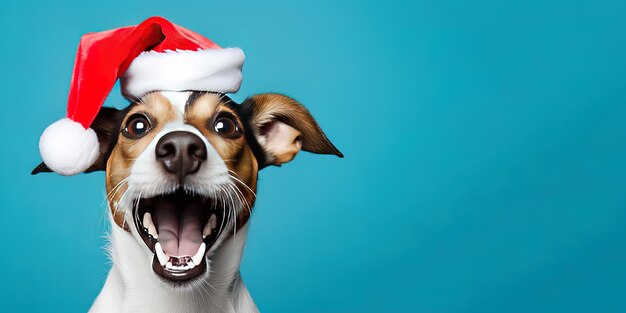 Close-up de um cão expressivo usando um chapéu de Papai Noel em um fundo azul com espaço de cópia