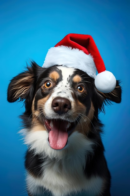 Close-up de um cão expressivo usando um chapéu de Papai Noel em um fundo azul