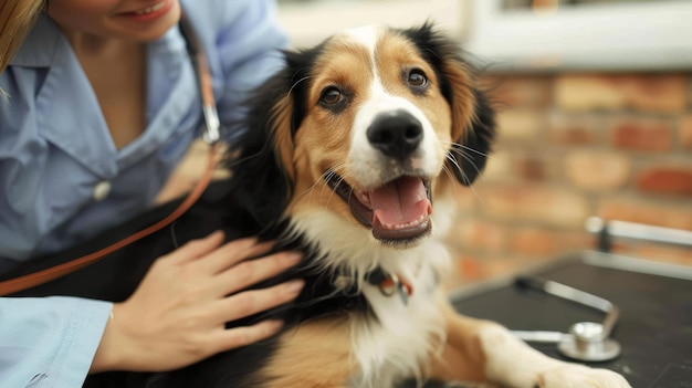 Foto close-up de um cão feliz sendo examinado por um veterinário