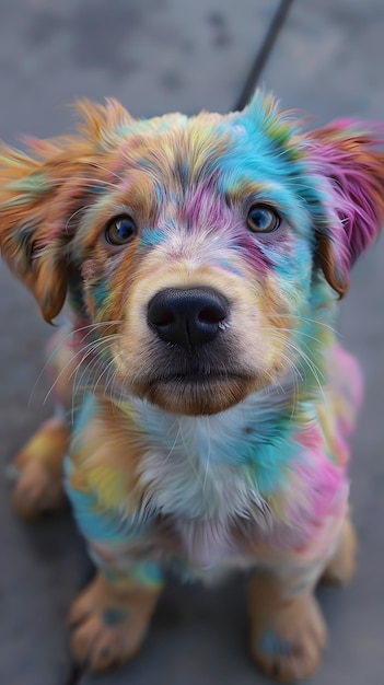 Close-up de um cão pintado com tons rosados e castanhos coloridos