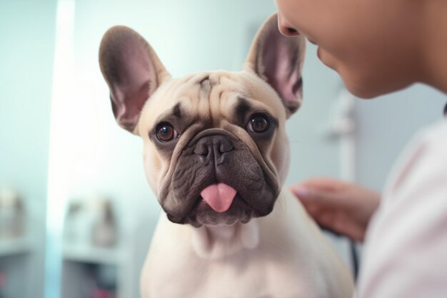 Close-up de um cão pug bonito com a língua para fora recebendo afeição de uma pessoa com um fundo desfocado