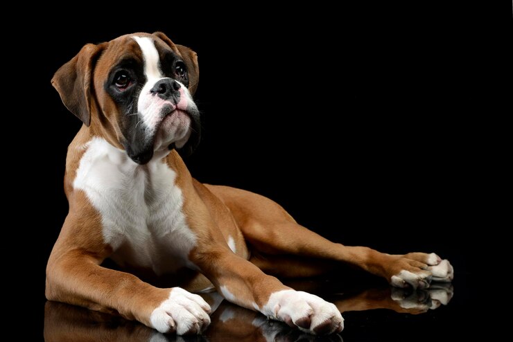 Foto close-up de um cão sentado contra um fundo preto
