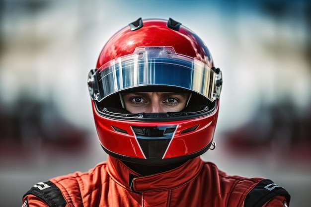 Foto close-up de um capacete e terno de corrida vermelho