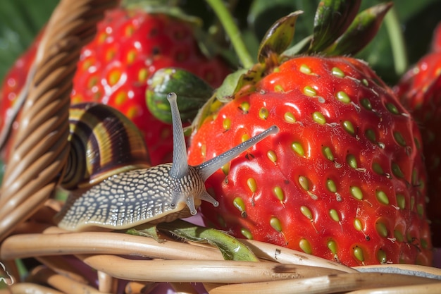 Close-up de um caracol rastejando em um morango maduro em uma cesta de frutas