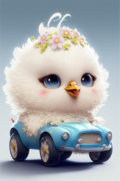 Close-up de um carro de brinquedo com um pássaro em cima dele generative ai