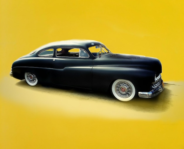 Close-up de um carro vintage contra fundo amarelo