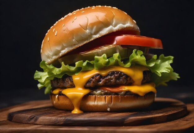 Close-up de um cheeseburger com alface tomate queijo derretido e molho em uma superfície de madeira novamente