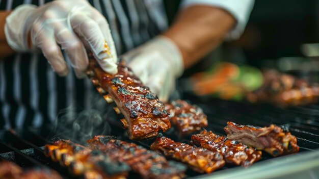 Foto close-up de um chef aplicando um esmalte a costelas de porco grelhadas, adicionando um acabamento caramelizado e melhorando o perfil de sabor do prato saboroso