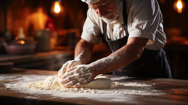 Close-up de um chef de padaria masculino amassando massa para fazer pão delicioso fazendo delicioso e fresco