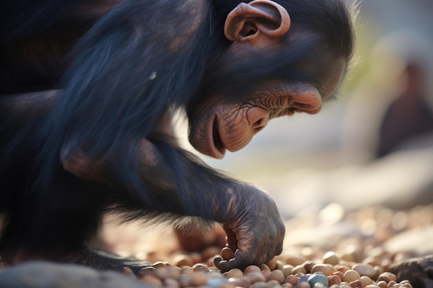 Close-up de um chimpanzé usando uma rocha para quebrar nozes