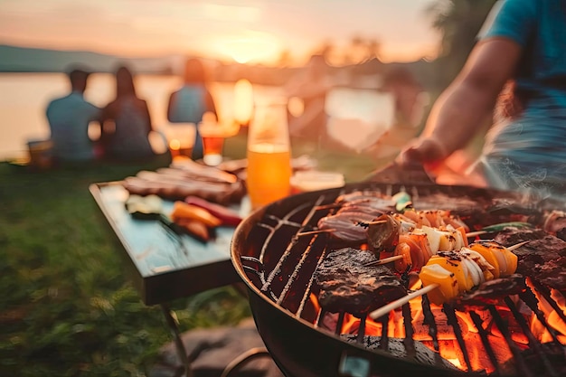 Foto close-up de um churrasco com espigas e um fundo desfocado de pessoas se divertindo