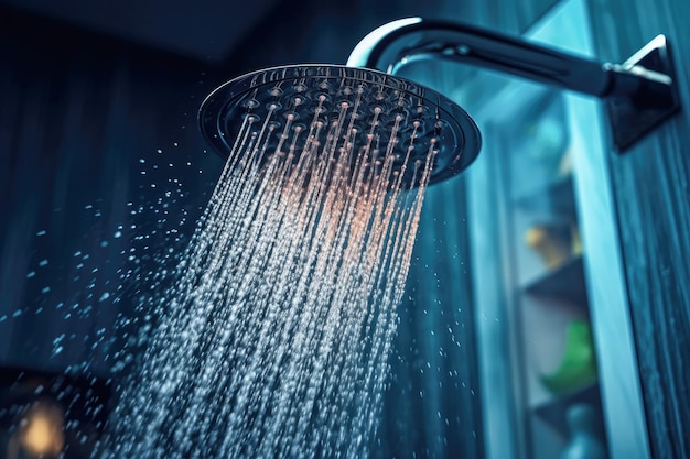Close-up de um chuveiro em um banheiro despejando água