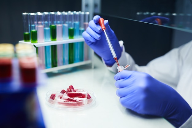 Close up de um cientista irreconhecível deixando cair amostras de sangue em tubos de ensaio enquanto trabalhava em pesquisas em laboratório, copie o espaço