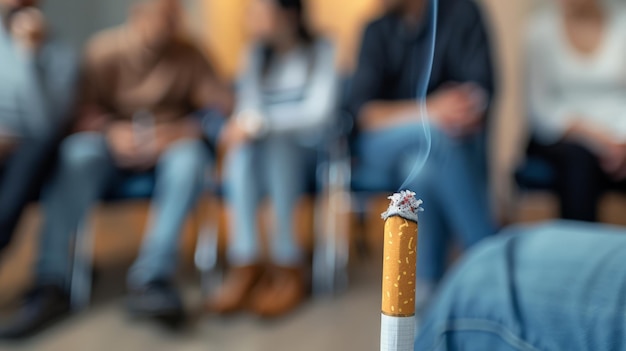 Close-up de um cigarro em chamas em um cenário de grupo desfocado