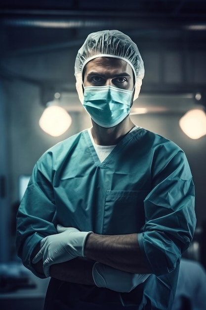 Foto close-up de um cirurgião masculino com uma máscara no rosto formulário médico estéril doutor antes da sala de cirurgia
