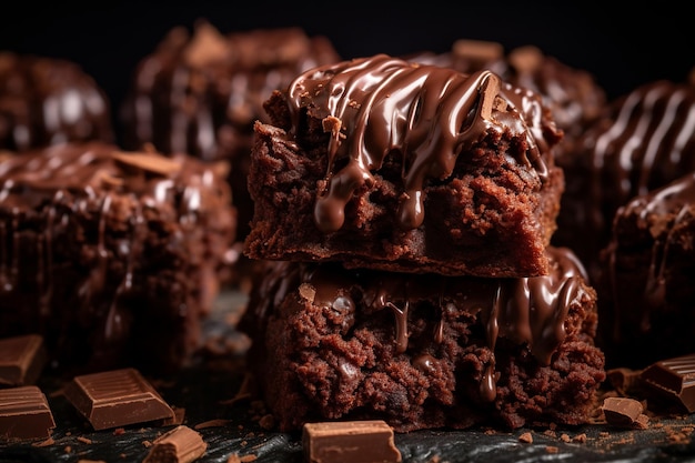 Foto close-up de um clássico chocolate chunk brownie com pedaços de chocolate em todo o