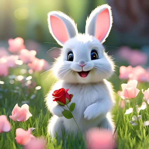 Foto close-up de um coelho sorridente bonito na grama verde e traz uma rosa vermelha com as mãos
