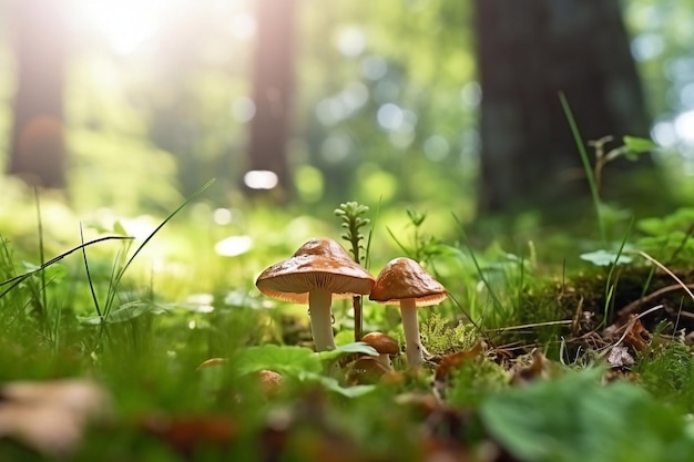 Close-up de um cogumelo em um campo de trevo na floresta