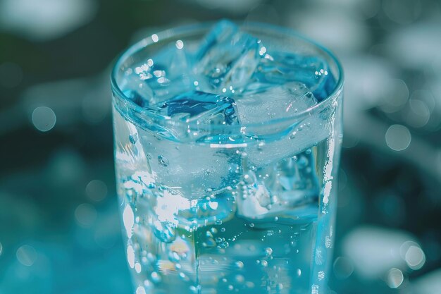 Foto close up de um copo de água pura com cubos de gelo em tubos de gelo de dia de verão quente