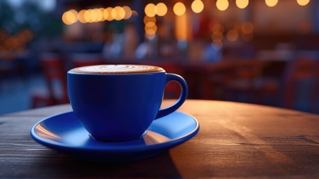 Foto close-up de um copo de cerâmica azul em um prato com um design de arte latte lindamente trabalhado no topo descansando em uma mesa de madeira rústica iluminada por iluminação ambiente quente