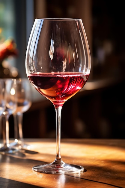 Close-up de um copo de vinho vermelho em uma mesa de madeira