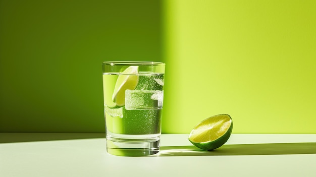 Close-up de um copo refrescante de água de limão com cubos de gelo em um fundo verde vívido