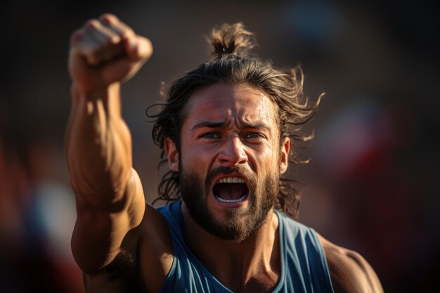 Foto close-up de um corredor masculino bombeando o punho em uma celebração alegre.