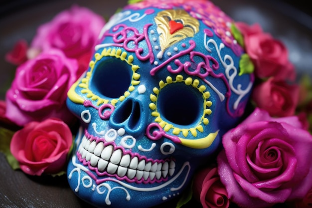 Close-up de um crânio de açúcar decorado com glasura colorida