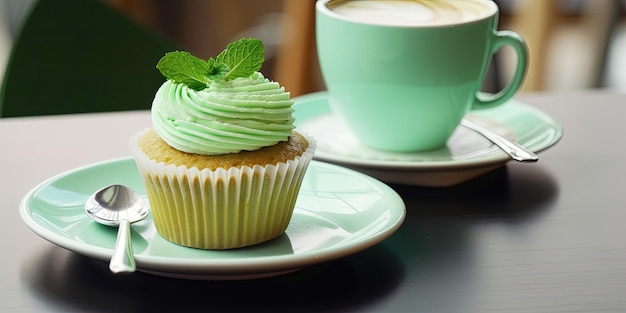 Foto close-up de um cupcake verde com uma chávena de café