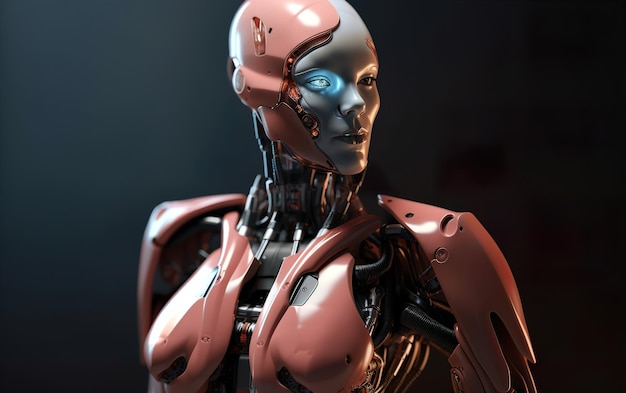 Foto close-up de um cyborg droide humanoide parece uma mulher sem roupas com inteligência artificial