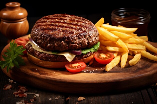 Foto close-up de um delicioso hambúrguer caseiro em um prato de madeira ao lado de batatas fritas