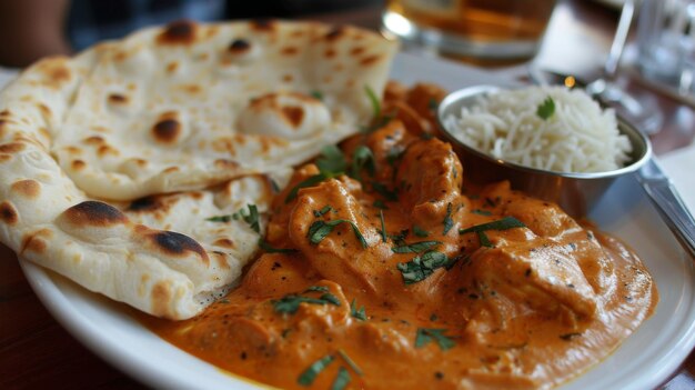 Foto close-up de um delicioso prato de frango com manteiga com pão naan ao lado