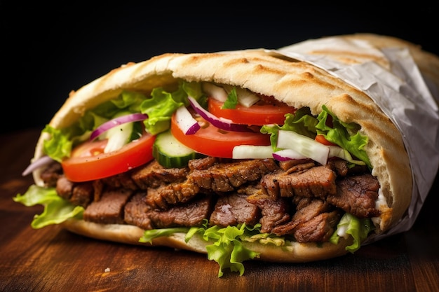 Foto close-up de um delicioso sanduíche de kebab