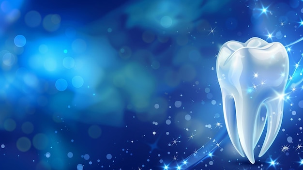 Close-up de um dente branco em um fundo azul com espaço livre para texto Medicina dentária