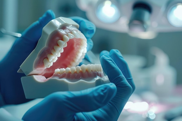 close up de um dentista demonstrando tratamentos de dentes e escovação de dentes falsos