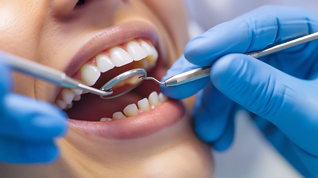Close-up de um dentista examinando os dentes de um paciente com um espelho bucal e um explorador em uma clínica dentária O dentista está usando luvas azuis
