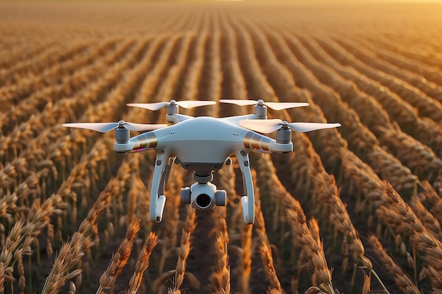 Close-up de um drone em movimento pulverizando pesticidas, fertilizantes ou água em um campo de trigo cultivado