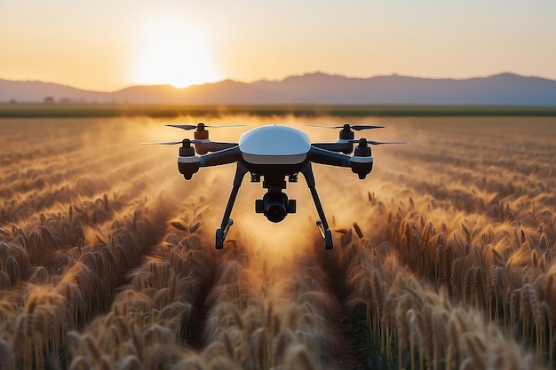 Close-up de um drone em movimento pulverizando pesticidas, fertilizantes ou água em um campo de trigo cultivado