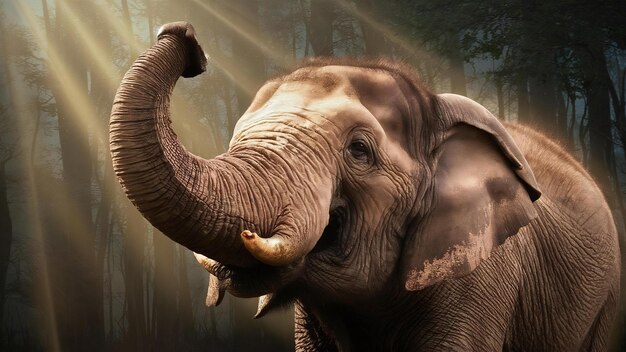 Close-up de um elefante com a tromba erguida