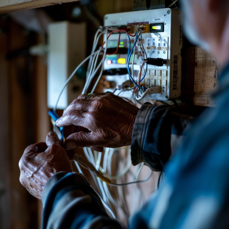 Foto close-up de um eletricista trabalhando em mãos de fiação elétrica ajustando cabos em um ambiente mal iluminado focando em trabalhos de reparo detalhados
