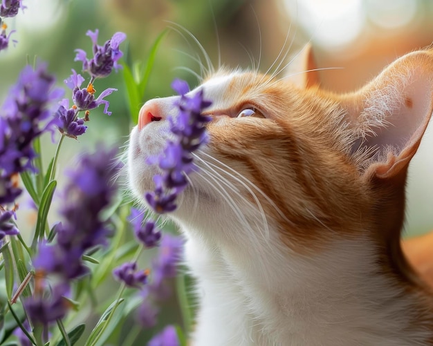 Foto close-up de um encantador gato laranja e branco cheirando flores de lavanda na cor roxa