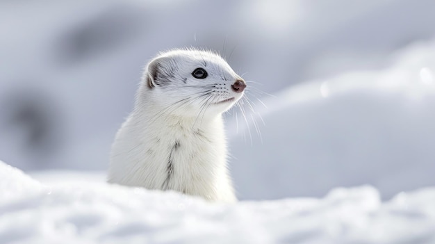 Close-up de um ermine alerta com seu casaco branco de inverno se misturando perfeitamente com o terreno coberto de neve