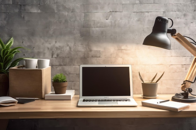 Close-up de um espaço de trabalho de designers criativos com um pano de fundo de parede de madeira e uma tela de laptop em branco smartphone xícara de café mesa lâmpada planta livros e lápis uma maquete
