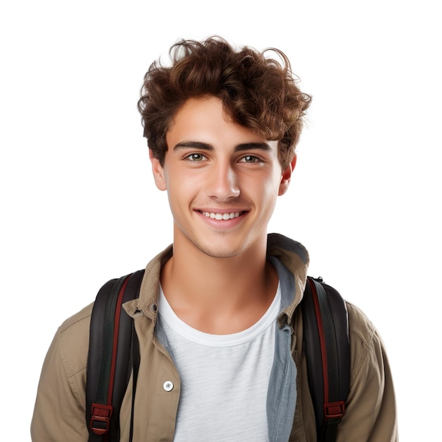 Close-up de um estudante universitário sorridente isolado em um fundo branco