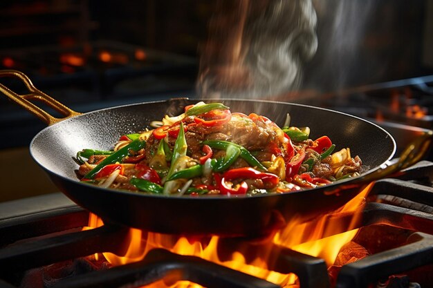 Close-up de um frito colorido sendo cozido em um wok