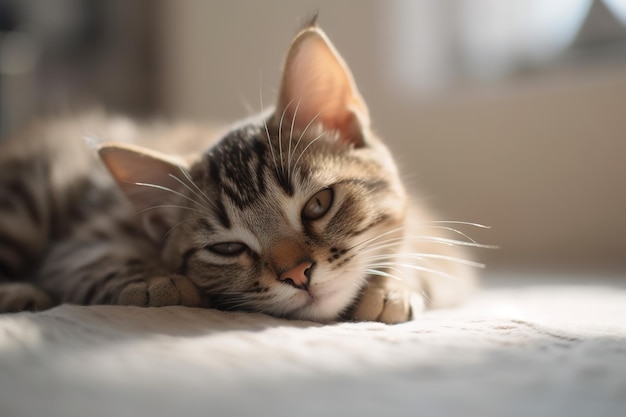 Close-up de um gatinho malhado fofo deitado em uma cama Gerada ai