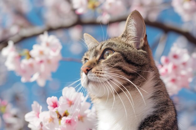 Close-up de um gato bonito de pé perto de uma árvore em flor com flores em plena floração