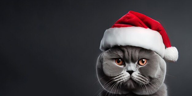 Close-up de um gato expressivo usando um chapéu de Papai Noel em um fundo cinza com espaço de cópia