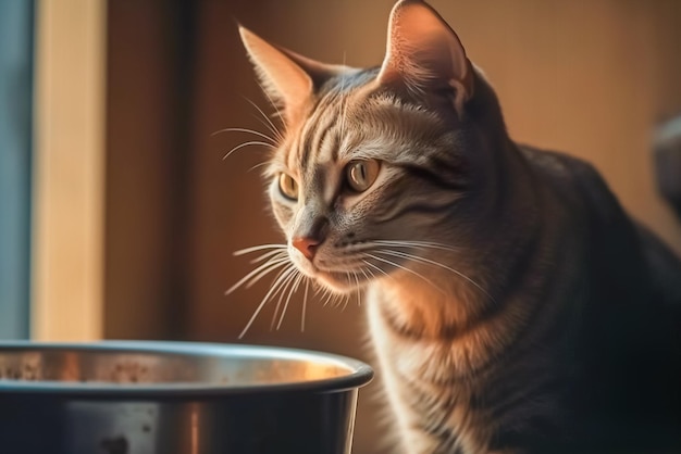 Close-up de um gato olhando para a tigela de comida na cozinha generative ai