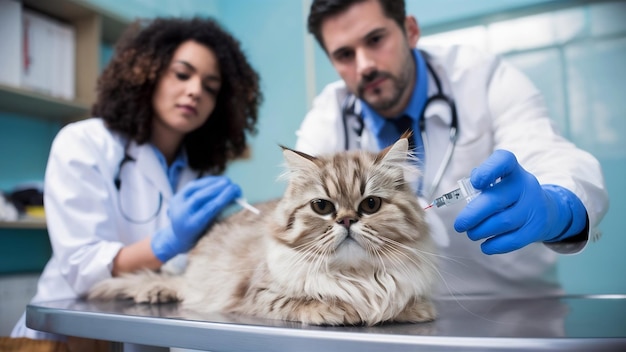 Close-up de um gato persa doente deitado na mesa de exame enquanto uma mulher e um homem veterinário colocam um va